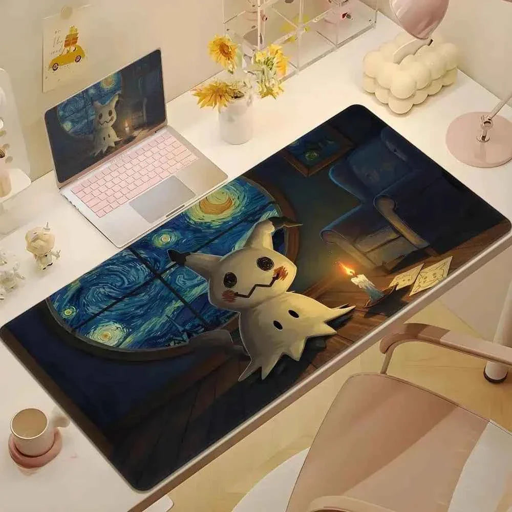 Cute Psyduck Gaming Leather Mouse Pad PC Pikachu Large Size Gamer Keyboard Pokemon Desktop Mouse Mat Starry Night Tablecloth
