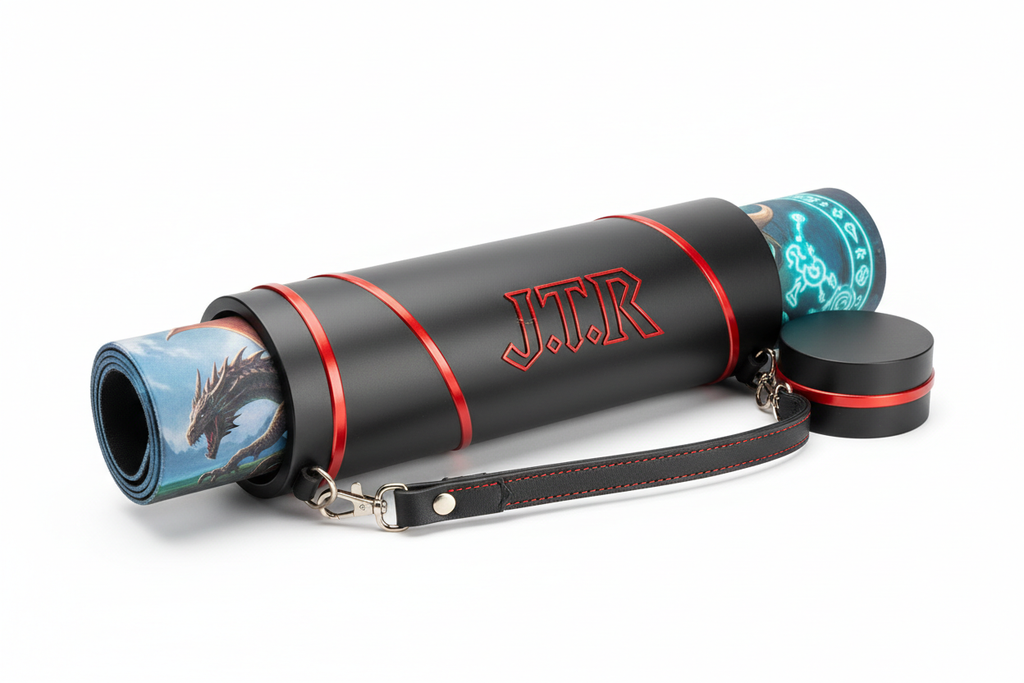 Custom MTG playmat tube matte black with red accents shown open