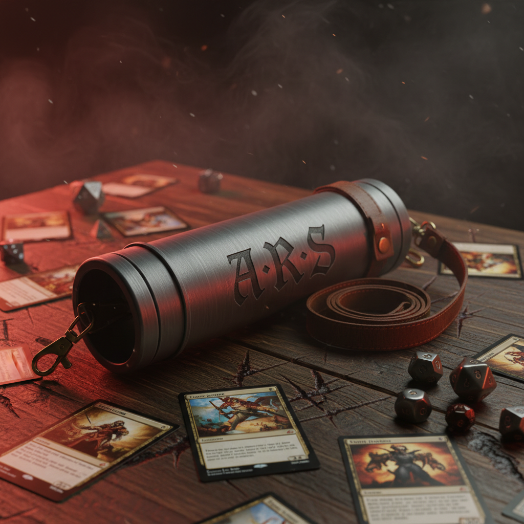 Personalized 3D Printed MTG Playmat Tube with initials and carry strap on champion's table